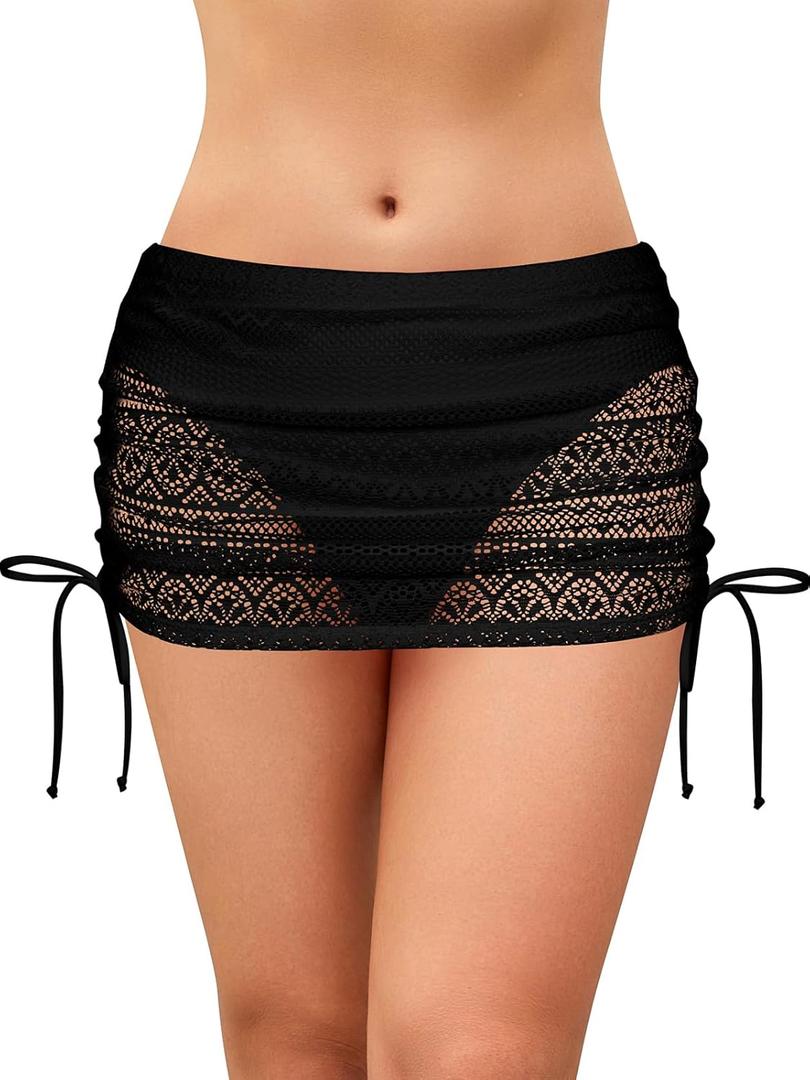 SHEKINI Women's Swimdress Drawstring Lace Crochet Bikini Bottom with Build-in Brief (Large, Black)