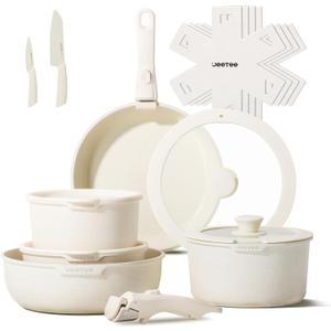 JEETEE Pots and Pans Set Non Stick 17pcs, Kitchen Cookware Sets with Detachable Handle, Induction Nonstick Cookware Set with Removable Handle, Stackable RV Cookware, Oven Safe, PFAS/PFOA Free, Beige