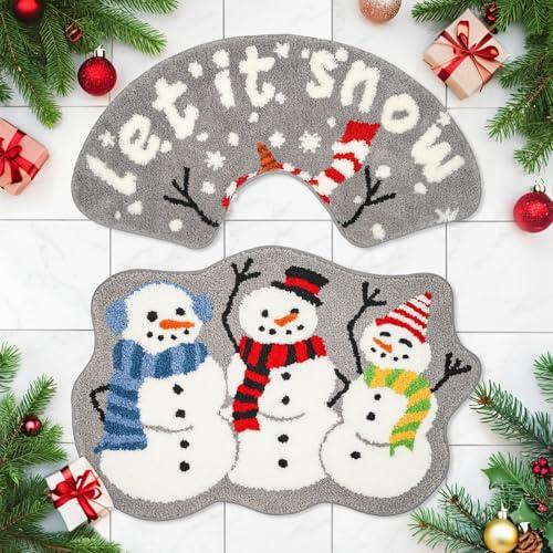 Ciazoxa Christmas Snowman Bathroom Rug Winter Decorative Bath Mat Xmas Bathroom Mat Doormats 34 x 18 Inch ande 30 x 20 Inch for Tub Home Living Room Set of 2