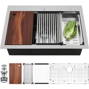 33x22 Drop in Kitchen Sink, Top Mount Stainless Steel Sink Workstation, 10Deep Large Single Bowl Kitchen Sinks with Accessories (Brushed) (33" L x 22" W x 10" H)