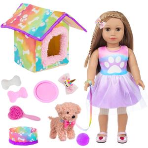 American 18 Inch Doll's Clothes and Accessories Pets Dog Play Sets for 18" Doll Included Dress,Pets Dog,pet Nest, Toy Ball, Hair Comb