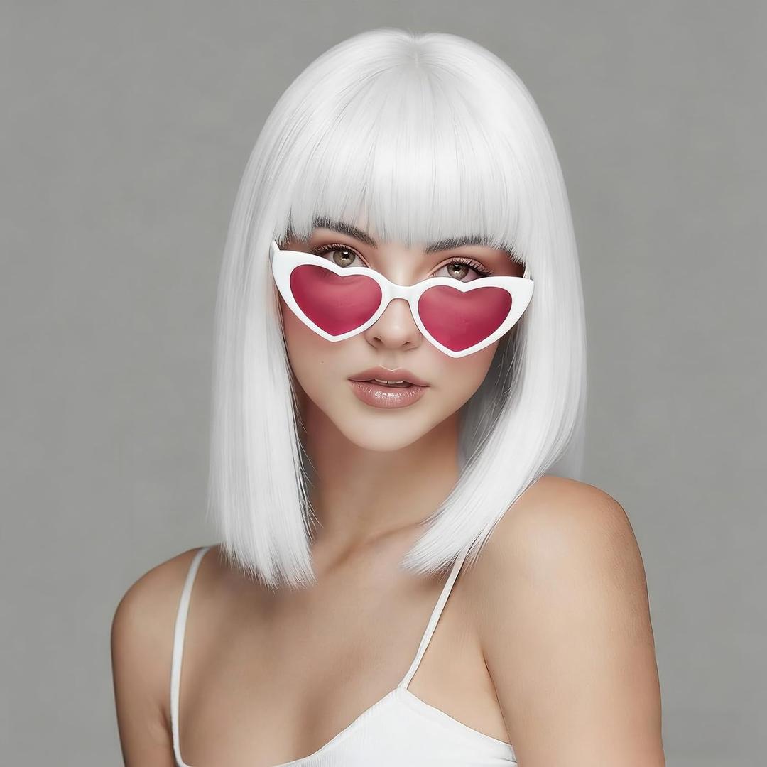 SUKRI White Bob Wig with Bangs Short Straight White Wigs for Women Silver White Bob Hair Wig for Party Cosplay Daily Use, 12Inch
