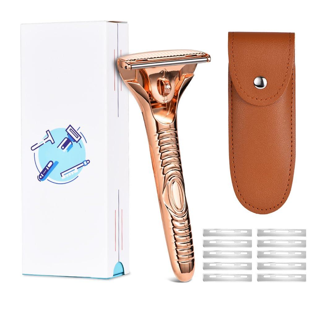 Magnetic Safety Razor for Men Smooth Single Blade Shave Easy Blade Change Stainless Steel Mens Face Razor Durable Blade Shavers for Men - Rose Gold
