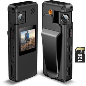 A32 128GB Body Camera, Portable Body Cam with 180 Rotatable Lens and Motion Detection, 1080P Camcorder with Audio and Video Recording for Outdoors Sports Police Delivery Cycling Helmet