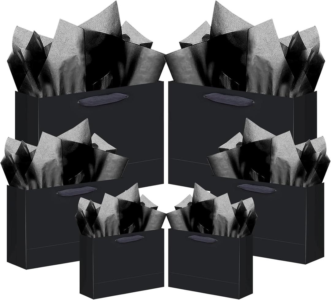 qiqee 10PCS Black Gift Bags with Ribbon Handles Mulit Assorted Sizes Gift Wide Bags (2pcs Large 13", 4pcs Medium 9.6", 4pcs Small 6.3",Tissue Paper)