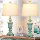 25.6" Farmhouse Table Lamps Set of 2 with USB C+A Ports & AC Outlet for Rustic Living Room Retro Bedroom,3-Way Dimmable Touch Lamp Bedside Lamps for Nightstand Side End Table,Retro Green