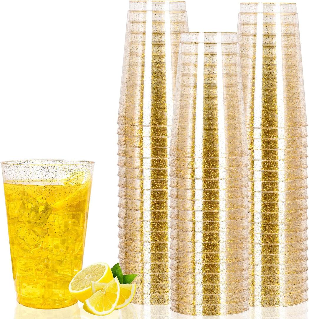 I00000 49 Pack 18 oz Gold Plastic Cups, Gold Glitter Cups Disposable Plastic Wine Glasses Cocktail Glasses Premium Cup, 18 Ounce Glitter Disposable Tumblers for Party & Wedding