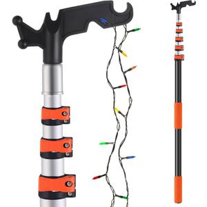 5-24ft Long Telescopic Extension Pole with Utility Hook, Ladderless christmas light pole hanger tool Installing and Hanging String Lights/Birdfeeders, cleaning High Places, Lightweight and Sturdy