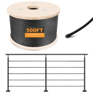 T316 Black 3/16IN Stainless Steel Cable, 500FT Wire Rope, 7X19 Strands Aircraft Cable, 3700lbs Breaking Strength, Zip Line for Heavy Duty Applications, Deck Railing, String Lights & Yard Zipline