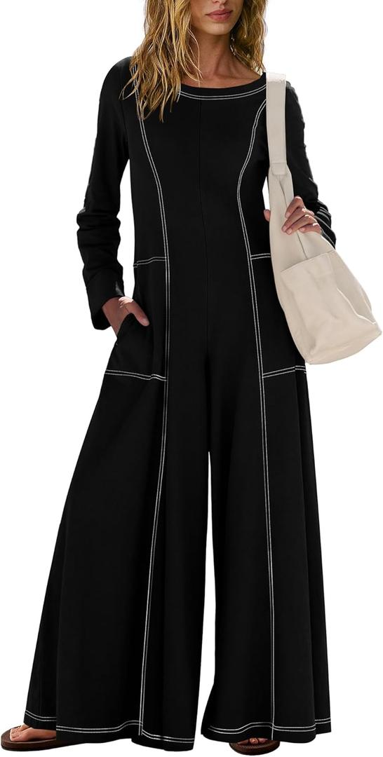 Nirovien Womens Long Sleeve Jumpsuit Dressy Casual Wide Leg Pant Romper One Piece Outfits with Pockets (Black, S)