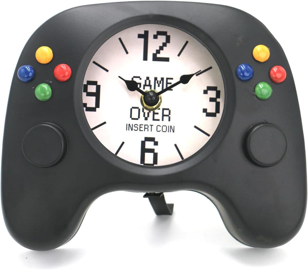 Gamepad-Shaped Wall Clock, Mantel Clock for Gamers, Metal, Black, 7.4 x 6.0 inches, Quiet Sweep Second Movement, Unique Video Game Decor