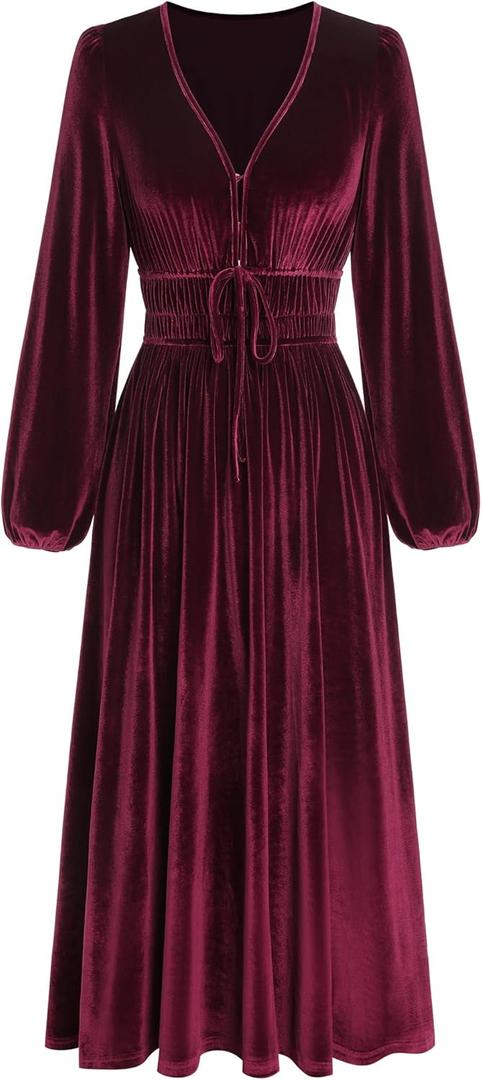 ZAFUL Womens Long Sleeve Velvet Dress 2025 Fall V Neck Holiday Cocktail Party Semi Formal Midi Dresses for Wedding Guest (X-Large, Red)