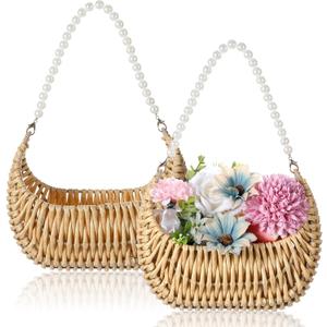 2 Pcs Rattan Flower Girl Basket with Pearl Handle Small Half Moon Wicker Basket for Wedding Flower Girl Picnic Garden Storage and Home Decor (Light Brown)