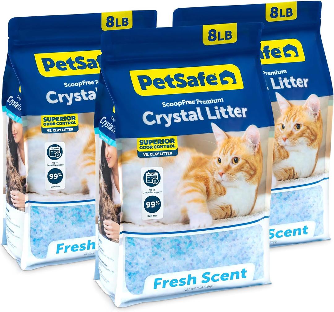 PetSafe ScoopFree Premium Crystal Cat Litter - Ultra-Absorbent Silica Universal Litterbox Crystals - Non-Clumping Odor Control - Fresh Scent - 8 lb Bag - 3 Pack