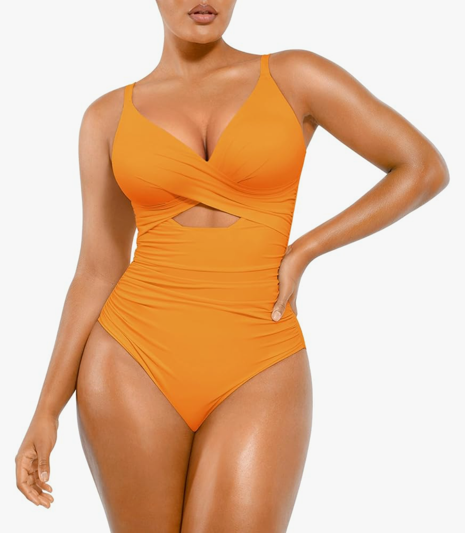 SHAPELLX Tummy Control Swimsuits Women V Neck One Piece Bathing Suit Ruched Push Up Slimming Swimwear Built-in Bra XL, Orange