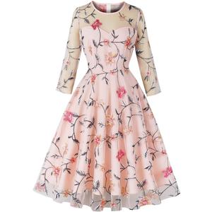 Mesh 3/4 Sleeve Floral Embroidery Dress for Women Flower Embroidered Tulle Prom Dress Illusion Cutout Back Homecoming Dresses, 2XL