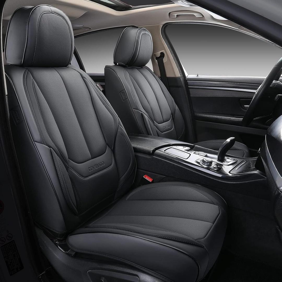 Coverado Car Seat Covers Full Sets, 5 Piece Car Seat Protector Waterproof Leather Seat Cushion Universal Fit for Truck Automotive Vehicles Black