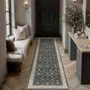 HUGEAR 2x6 Runner Rug Machine Washable Black Beige Hallway Area Rugs Indoor Accent Rugs Floral Low Pile Carpet Distressed Throw Rugs Bedroom Living Room Office Dining Kitchen Laundry Non Slip