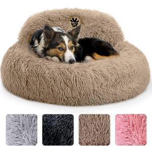 PetJett Calming Medium Dog Bed - 30'' Round Dog Beds, Anti-Slip & Washable Super Soft Fluffy Plush Donut Bed, Anti-Anxiety Premium Comfort Pet Bed, Fits Dogs up to 45 lbs - Beige
