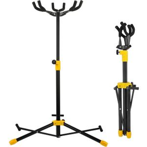 Triple Guitar Stand, Adjustable Folding Multiple Guitar Stands with Neck Holder Floor Stand Universal for Acoustic Electric Guitars Bass Banjos, Tripod Guitar Stands Holds 3 Guitars Together