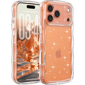 FABSPARK Phone Case for iPhone 17 Pro Max,Cute Clear Curly Wavy Frame Wave Case with Sparkly Bling Glitter,Non-Yellowing Transparent Acrylic Hard PC Cover for iPhone 17 Pro Max,Glitter Clear
