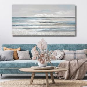 TRAIN2 ART Abstract Wall Art Modern Coastal Wall Decor Textured Blue and White Sea Background Canvas Wall Art for Living Room Bedroom Kitchen Office 28"x57"