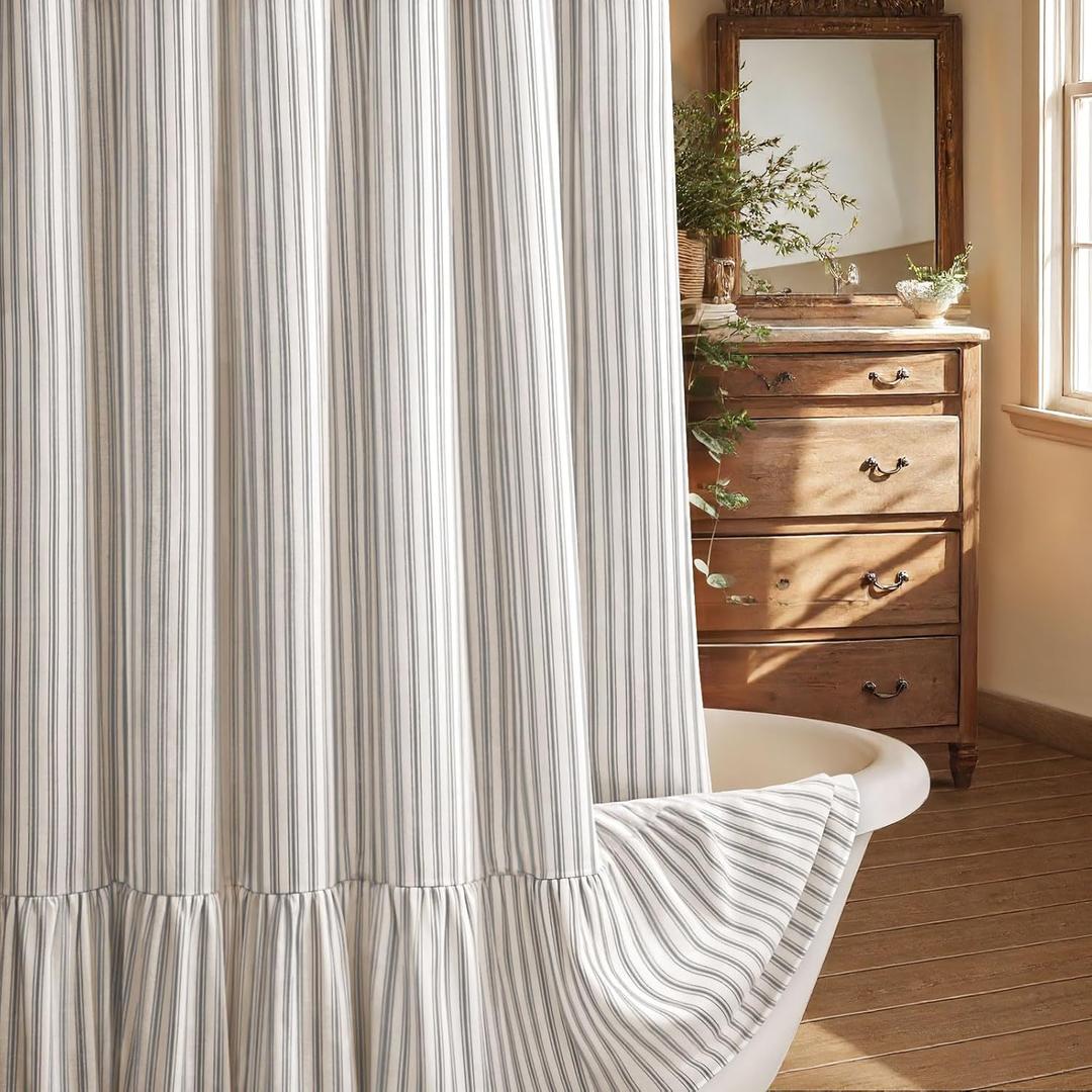Farmhouse Shower Curtain with Ruffle Hem Linen Shower Curtains for Bathroom Country Vintage Rustic Natural Fabric, Cream-Grey Stripe 72" W x 72" L