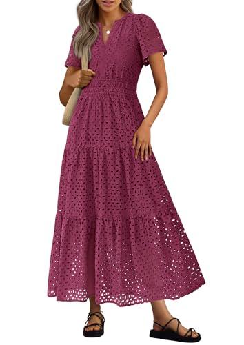 PRETTYGARDEN Womens 2025 Summer Maxi Dress Short Sleeve V Neck Hollow Out Eyelet A Line Long Flowy Beach Vacation Dresses (Wine Red,Small)