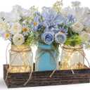 LUEUR 3PCS Artificial Flowers Blue Dahlia in Mason Jars with Wood Tray for Dining Table Coffee Table Farmhouse Home Decor Centerpieces Spring Decor Perfect for Kitchen, Living Room, Bathroom