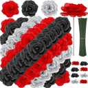 108pcs Roses Head Flowers with Stem - Red & Black Silver Graduation Artificial Flowers Rose Bulk - Silk Rose Fake Flower for Wedding Bouquet Decor DIY Baby Shower Centerpieces Grad Party Tables Decor