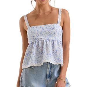 Women Teens Cute Babydoll Tops Y2k Floral Lace Trim Camisole Ruffle Tank Top Summer Flowy Peplum Top Streetwear (Small)