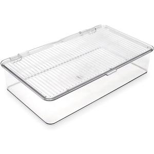 Small Stackable Organizer Bin w Hinged Lid Clear Storage Box Home Office School Fridge Bathroom Kitchen Pantry Container BPAFree Food Safe