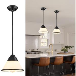9.4" Black Pendant Light, Adjustable Hanging Light Fixture with Milk Glass Shade, Vintage Farmhouse Kitchen Island Lighting for Dining Room, Hallway, Entryway