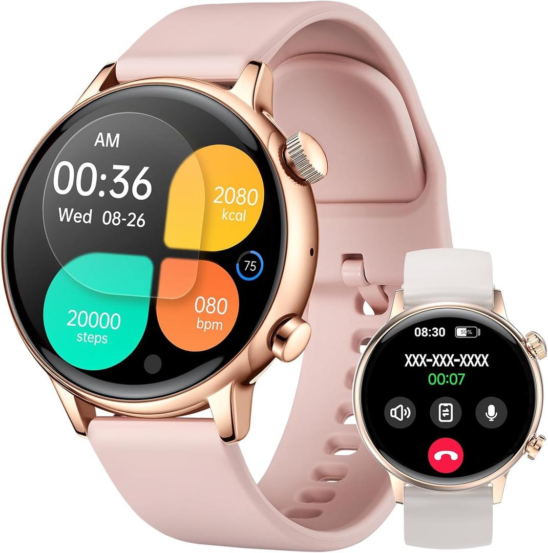 AMOLED Smart Watch for Women Smartwatch Compatible Android and iOS Phone, Answer/Make Calls Fitness Tracker/Running Watch, Sleep Heart Rate Monitor 100 Sports IP68 Waterproof Two Color Straps