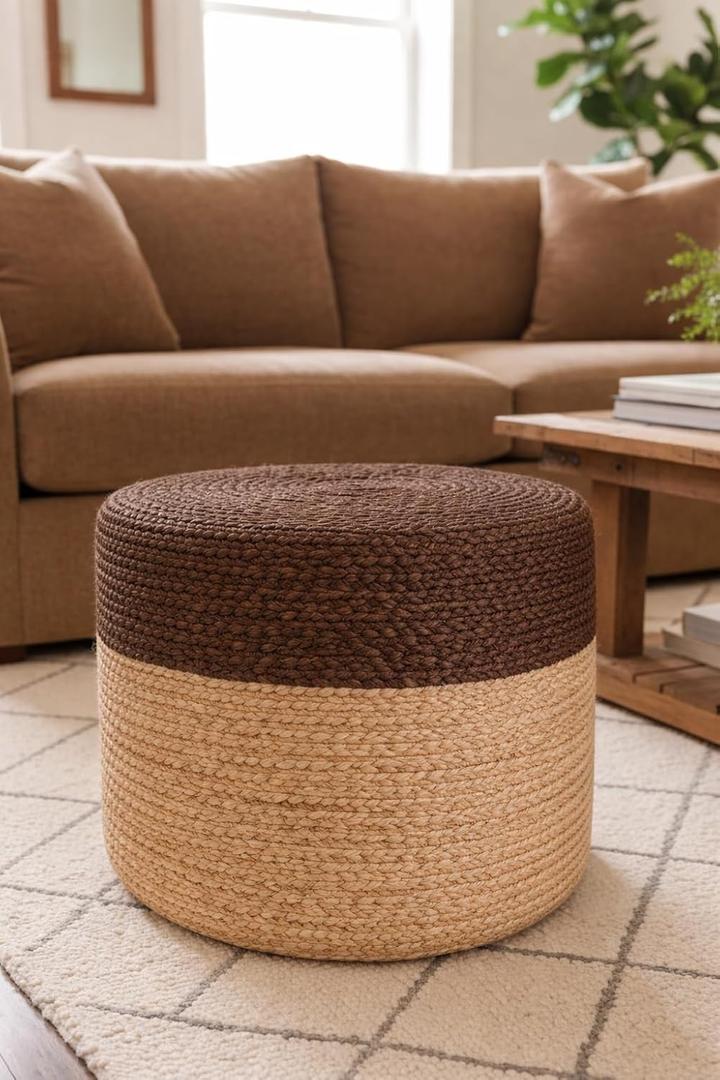 Jute Pouf Ottoman | Footrest Pouf | Hand Braided - Round Boho Pouffe - for Living Room, Bedroom, Nursery (20"x20"x10") Brown