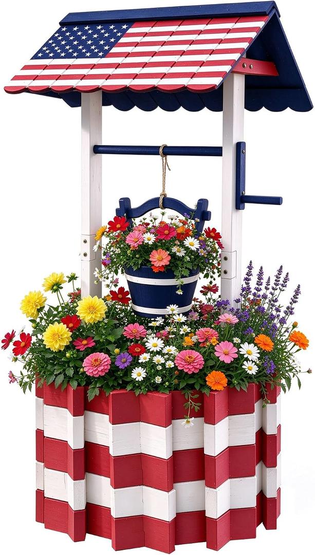 NestNature Large Americana Wood Wishing Well Planter, Farmhouse Yard Decor, 25.56"X25.56"X53.15"