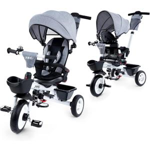 JMMD 7 in 1 Tricycle Stroller with Push Handle, Baby Trike with 360 Swivel Seat, Reclining Backrest, All-Terrain Wheels, Dual Brakes, Canopy & Storage, Gift for Kids 18 Months to 5 Years, Gray (Grey)