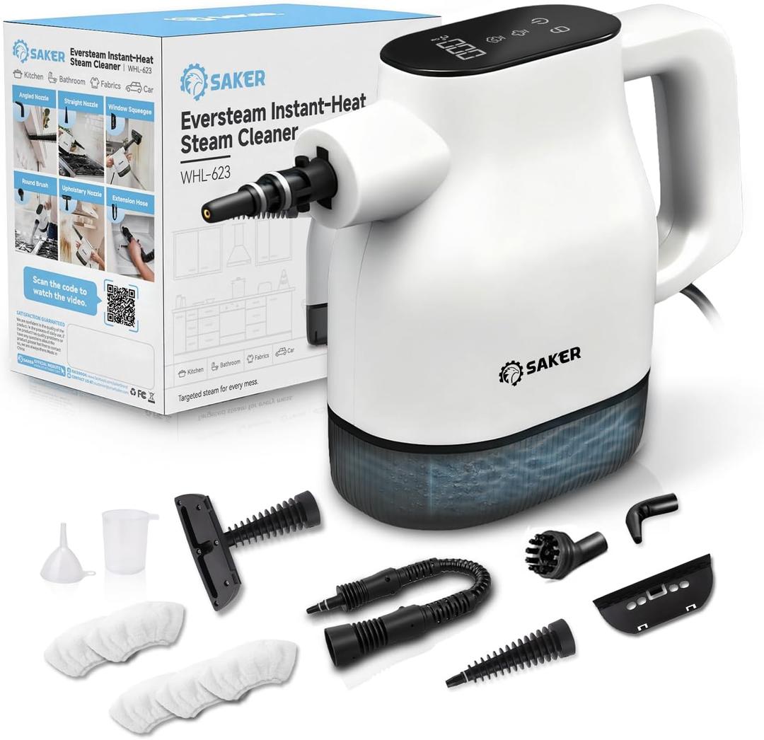 Saker EverSteam Instant-Heat Steam Cleaner for Home,15s Heat-up Handheld Steam Cleaner, Lightweight Portable Continuous Refill Steamer for Deep Cleaning of Floor, Car and Kitchen (With 5 Fiber Cloths)