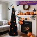 [Timer& Pumpkin] 5 Ft Black Tinsel Halloween Tree with 50 LED Orange Purple Lights, Pop Up Artificial Pencil Tree with Lantern Topper & 10 Jack-O Pumpkin Balls Ornaments for Halloween Decor Indoor