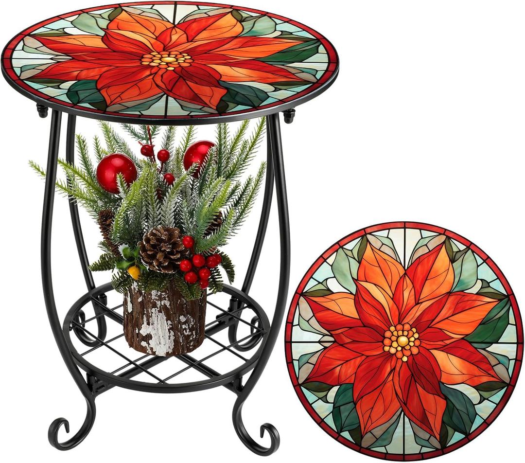Outdoor Side Table Round Small Mosaic Patio Accent Indoor End Plant Metal Coffee Tea Table for Yard Porch Garden Patio Living Room, Bedroom(Poinsettia,14 Inch)