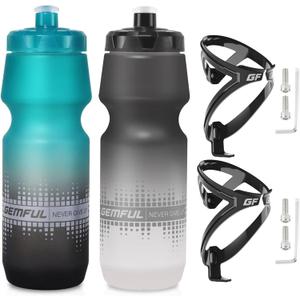 GEMFUL 24oz Bike Water Bottle Holder Combo 2 Pack (Green Black+Black White) | Squeeze Design, Bpa-free, Leakproof, Fits Mtb Mountain Road Bicycle Cycling, Commuting & Gym, Workout, Pull Top Lid