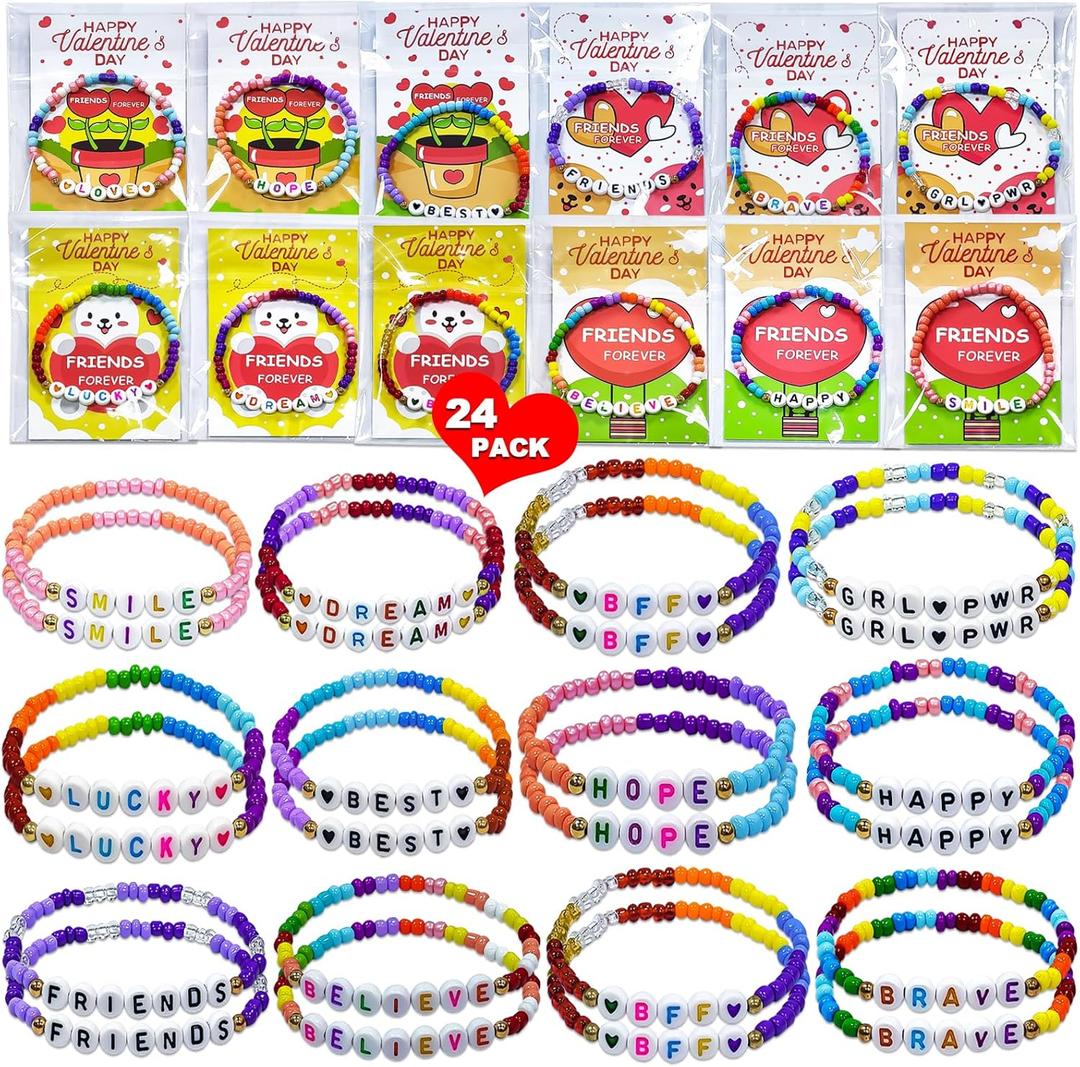 BAOXUE 24 Pack Valentines Day Cards For Kids School, Valentines Day Gifts For Kids Classroom With Friendship Bead Bracelets, Valentine Exchange Cards For Class Girls Boys