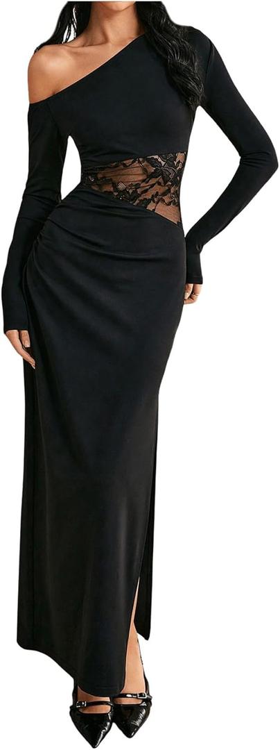GORGLITTER Women's Lace One Shoulder Bodycon Maxi Dress Ruched Long Sleeve Asymmetrical Neck Long Patchwork Dresses Black Medium