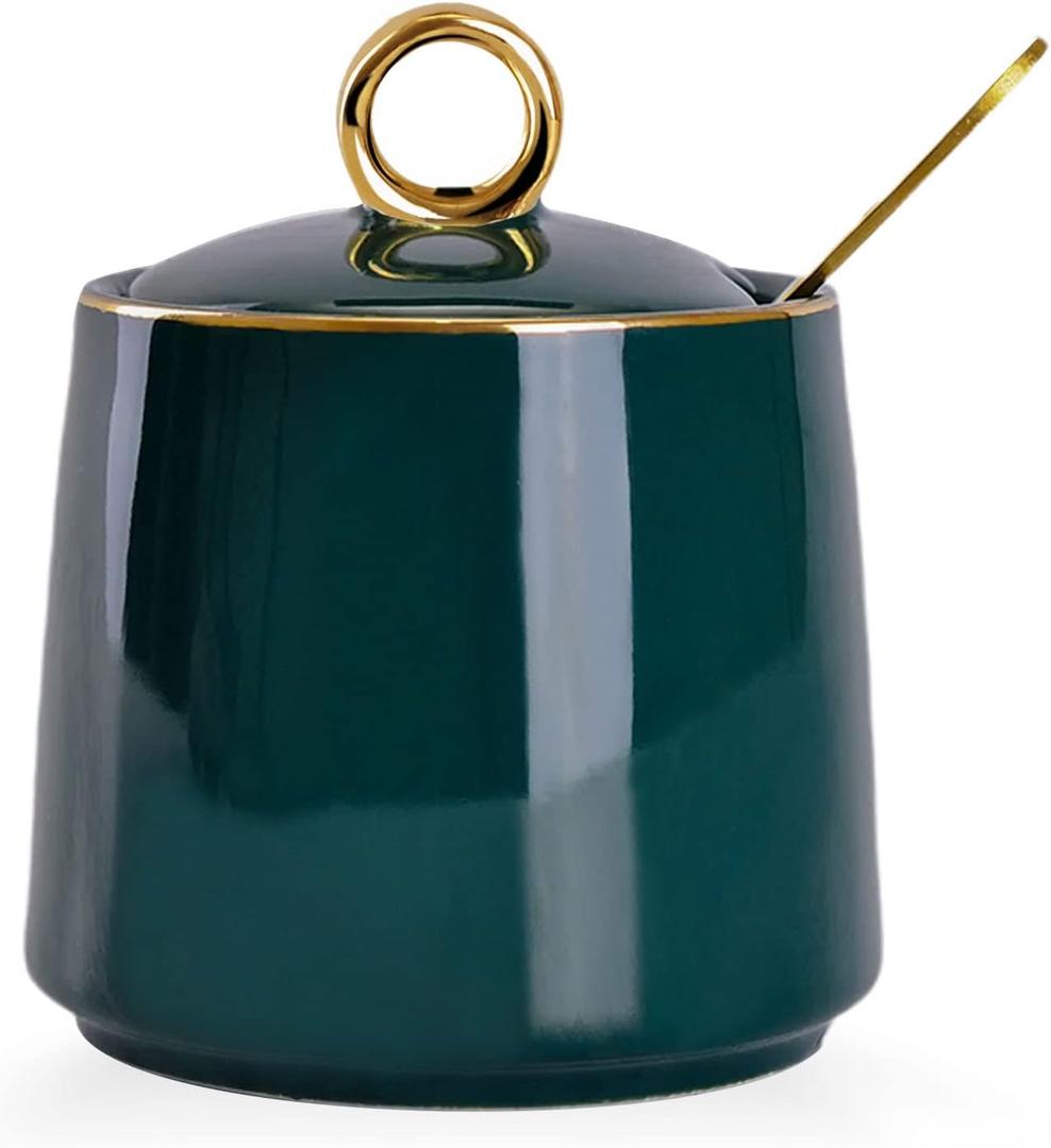 WHJY Ceramic Sugar Bowl with Lid and Spoon, Simple White Clear Porcelain Salt Bowl Salt Container, Modern Spice Box Seasoning Jar for Home and Kitchen Coffee Bar - Green