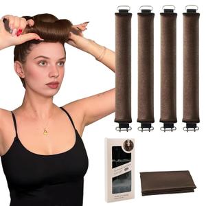 Heatless Curls Overnight, 4 Pcs Heatless Hair Curlers to Sleep in Soft Overnight Blowout Rods No Heat Hair Rollers Curling Rods for Women Blowout Look Long Hair , Brown