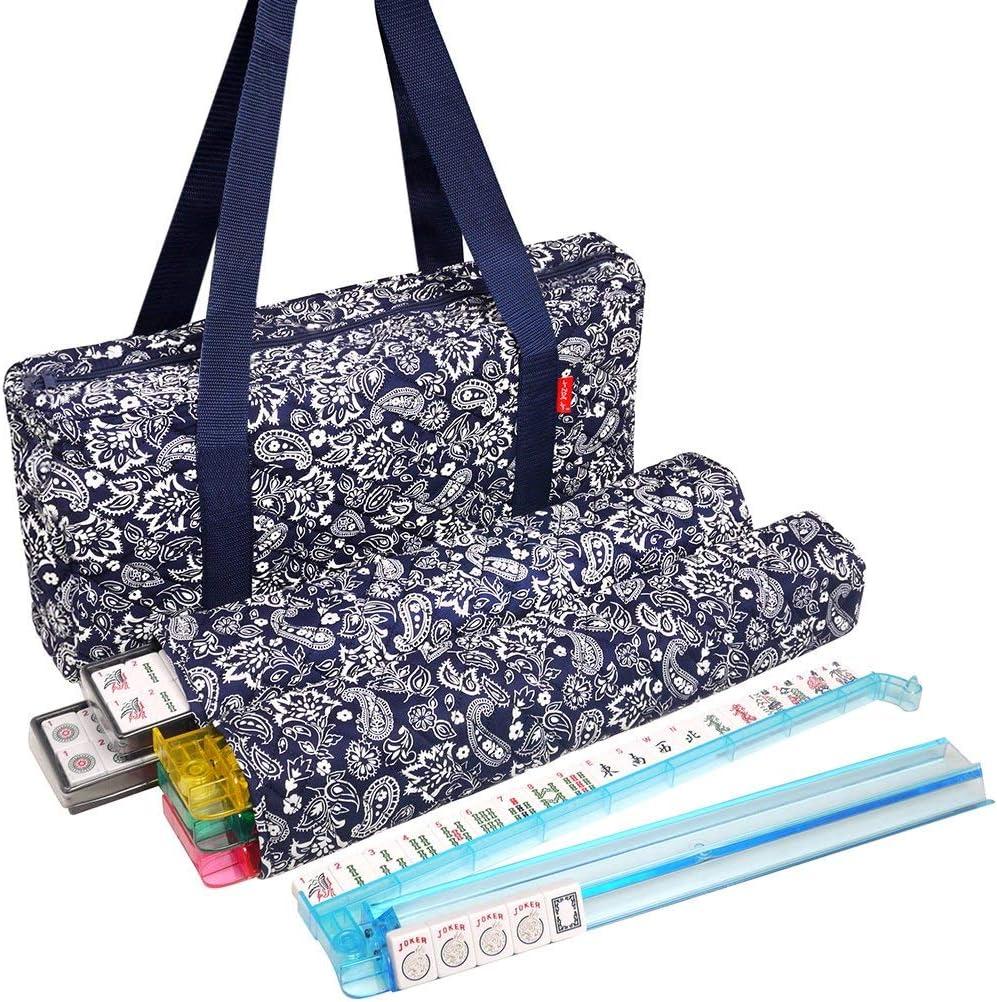 Linda Li New! - American Mahjong Set 166 Premium White Tiles, 4 All-in-One Rack/Pushers, Blue Paisley Soft Bag Classic Full Size Complete Mahjongg Set, Standard American Mah Jongg Tiles