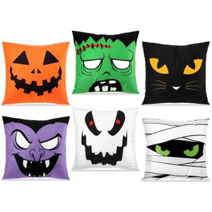 Breling 6 Set Halloween Pillow Covers, Black Cats Ghosts Pumpkin Soft Plush Faux Fur Wool Couch Throw Cushion Cover for Halloween Sofa Chair Bed Home Decorative (16 x 16 Inches)
