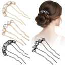 2Pcs Pearl U-Shaped Hair Pins for Buns, French Pins for Thick Hair Vintage Metal Twist-Style Hair Comb French Twist Hair Forks Metal Hairfork Hair Sticks Hair Accessories for Women (Black/Gold)