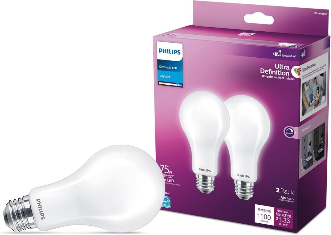 PHILIPS LED Flicker-Free Frosted Dimmable A21 Light Bulb - EyeComfort Technology - 1100 Lumen - Daylight (5000K) - 11W=75W - E26 Base - Title 20 Certified - Ultra Definition - Indoor - 2-Pack