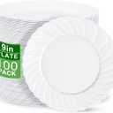 U-QE 100 Pieces White Plastic Plates - 9 Inch White Disposable Plates - Washable & Reusable - Premium Hard Plates - Party Supplies for Birthdays, Celebrations, Travel, Wedding, Party and Events (9 inch, 100 Pack)